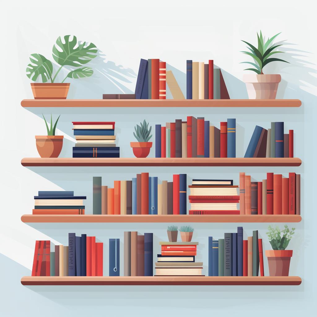 A bookshelf filled with books placed against a wall in a home studio.